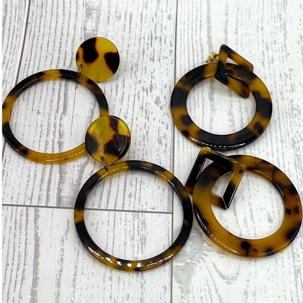 Tortoiseshell Acrylic Earrings Lot of 2 Pairs Geometric Hoop post back